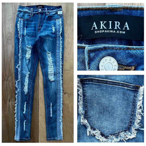 AKIRA MAYA FRAY MID RISE SKINNY WOMEN’S JEANS sz 7 W27 Dark Wash STRETCHY NWT - Picture 1 of 15